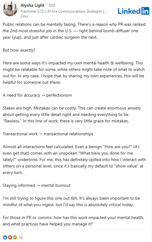 Alysha Light LinkedIn post