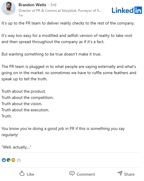 Brandon Watts LinkedIn post