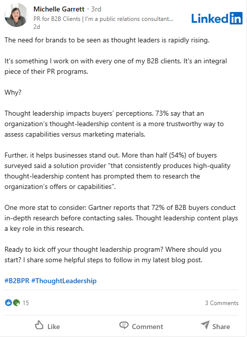 Michelle Garrett LinkedIn post