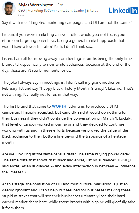 Myles Worthington LinkedIn post